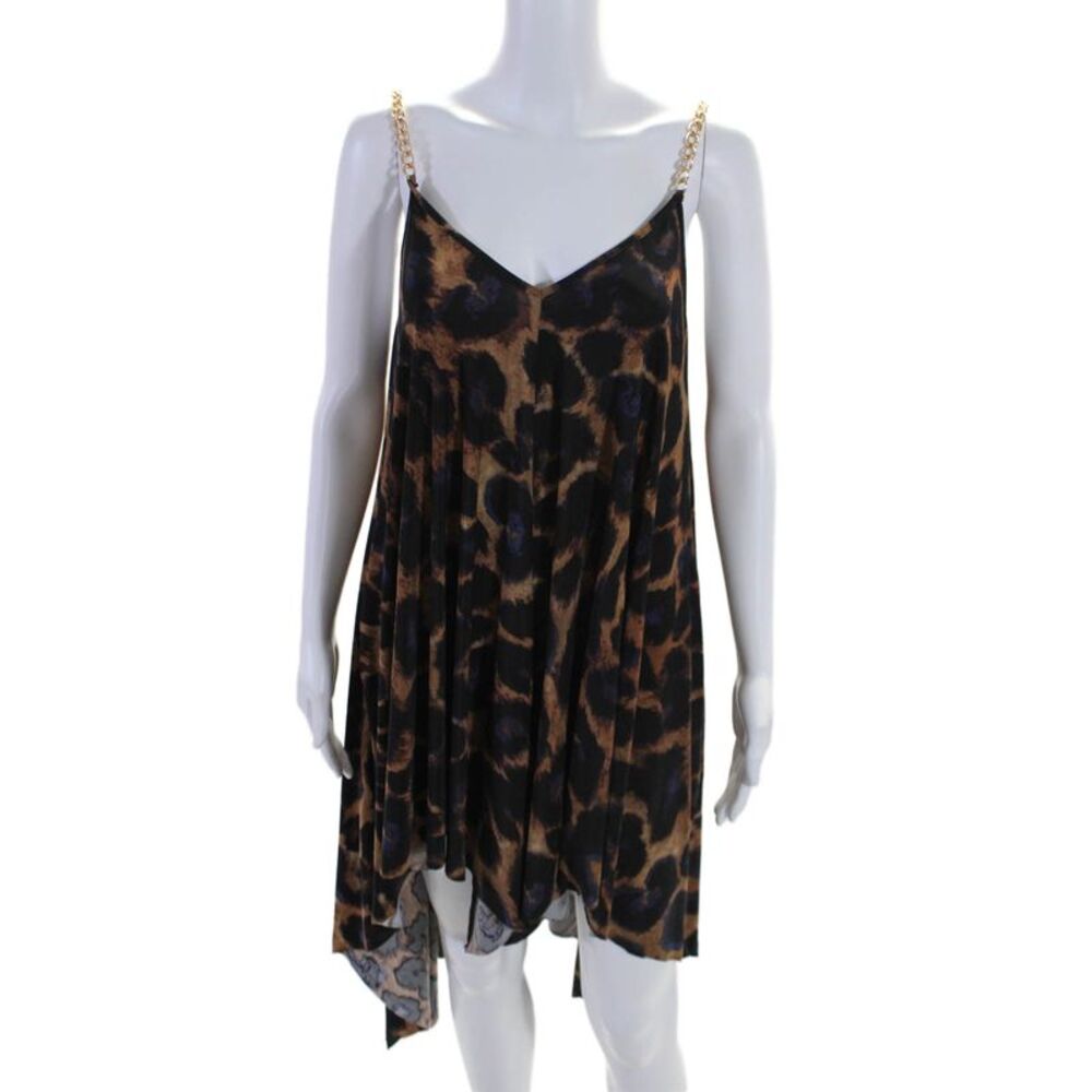 Coldesina Womens Navy Brown Leopard Print V-neck Chain Tunic Top Size 1X